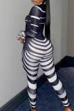Black Sexy Striped Print Hollowed Out Patchwork Half A Turtleneck Skinny Jumpsuits