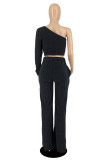Black Casual Solid Backless Oblique Collar Long Sleeve Two Pieces