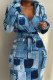 Blue Casual Print Patchwork V Neck Long Sleeve Dresses
