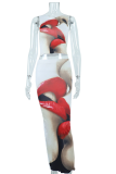 White Sexy Lips Printed Patchwork O Neck Sleeveless Two Pieces