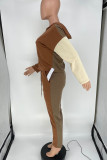 Coffee Casual Sportswear Solid Patchwork Hooded Collar Long Sleeve Two Pieces