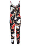 Rose Red Casual Print Patchwork Spaghetti Strap Regular Jumpsuits