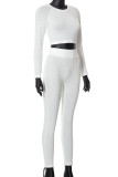 White Casual Solid Patchwork O Neck Long Sleeve Two Pieces