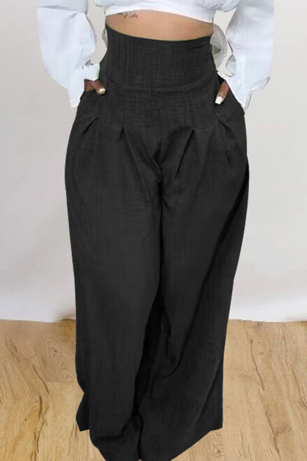 Black Casual Solid Patchwork High Waist Straight Solid Color Bottoms