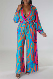 Rose Red Casual Print Patchwork V Neck Regular Jumpsuits