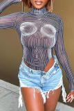 Black Sexy Print Mesh Half A Turtleneck Skinny Bodysuits