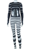 Black Sexy Striped Patchwork Half A Turtleneck Skinny Jumpsuits