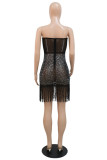 Blue Sexy Patchwork Hot Drilling Tassel Backless Strapless Sleeveless Dress
