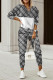 Gray Blue Casual Print Patchwork V Neck Long Sleeve Two Pieces