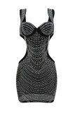 Black Sexy Patchwork Hot Drilling Hollowed Out Chains Backless V Neck Sleeveless Dress