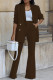 Coffee Casual Solid Cardigan Pants Turn-back Collar Long Sleeve Two Pieces