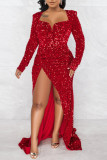 Red Sexy Formal Patchwork Sequins Slit V Neck Evening Dress Dresses