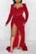 Red Sexy Formal Patchwork Sequins Slit V Neck Evening Dress Dresses