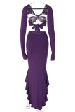 Purple Sexy Solid Bandage Patchwork Flounce V Neck Long Sleeve Two Pieces