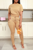 Pink Casual Solid Backless O Neck Short Sleeve Two Pieces