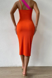 Orange Sexy Solid Hollowed Out One Shoulder Pencil Skirt Dresses