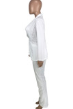 White Casual Solid Patchwork Cardigan Pants Turn-back Collar Long Sleeve Two Pieces