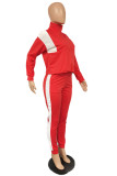 Red Casual Solid Patchwork Contrast Zipper Collar Long Sleeve Two Pieces