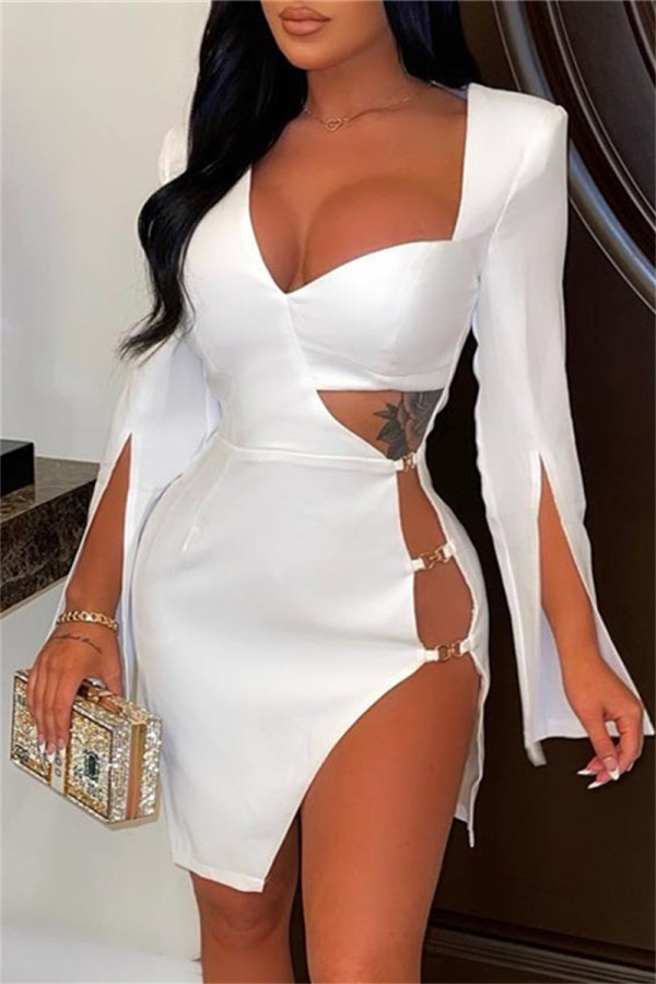 White Sexy Solid Hollowed Out Slit V Neck Long Sleeve Dresses