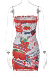 Red Sexy Print Patchwork Strapless Pencil Skirt Dresses
