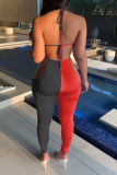 Red Blue Sexy Patchwork Hollowed Out Halter Skinny Jumpsuits
