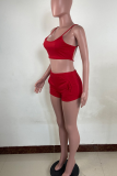 Red Casual Solid Backless Spaghetti Strap Sleeveless Two Pieces