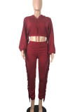 Deep Red Casual Solid Tassel Patchwork Hooded Collar Regular Jumpsuits