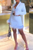 Pink Sexy Solid Patchwork Feathers Turn-back Collar Long Sleeve Two Pieces
