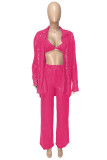 Rose Red Sexy Casual Patchwork Sequins Cardigan Vests Pants Long Sleeve Two Pieces