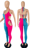 Red Blue Sexy Patchwork Hollowed Out Halter Skinny Jumpsuits