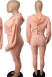 Apricot Pink Casual Solid Bandage Patchwork Hooded Collar Long Sleeve Two Pieces