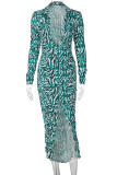 Green Sexy Print Patchwork Buckle Turndown Collar Pencil Skirt Dresses