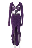 Purple Sexy Solid Bandage Patchwork Flounce V Neck Long Sleeve Two Pieces