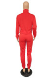 Red Casual Solid Patchwork Contrast Zipper Collar Long Sleeve Two Pieces