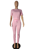 Pink Casual Solid Backless O Neck Short Sleeve Two Pieces