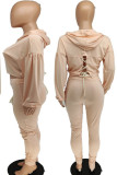 Coffee Casual Solid Bandage Patchwork Hooded Collar Long Sleeve Two Pieces
