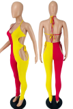 Red Blue Sexy Patchwork Hollowed Out Halter Skinny Jumpsuits