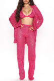 Rose Red Sexy Casual Patchwork Sequins Cardigan Vests Pants Long Sleeve Two Pieces