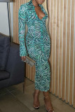 Green Sexy Print Patchwork Buckle Turndown Collar Pencil Skirt Dresses