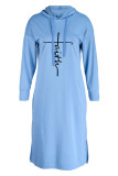 Light Blue Casual Print Patchwork Hooded Collar Straight Dresses