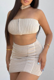 Apricot Sexy Solid Zipper Halter Sleeveless Two Pieces