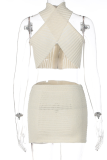 Apricot Sexy Solid Zipper Halter Sleeveless Two Pieces