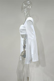 White Sexy Solid Hollowed Out Slit V Neck Long Sleeve Dresses
