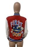 Red Casual Print Patchwork Letter Mandarin Collar Outerwear