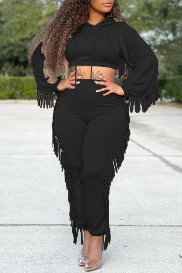 Black Casual Solid Tassel Patchwork Hooded Collar Regular Jumpsuits