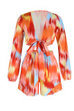 Orange Red Sexy Print Bandage Patchwork V Neck Long Sleeve Two Pieces