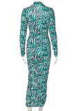 Green Sexy Print Patchwork Buckle Turndown Collar Pencil Skirt Dresses
