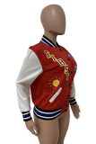 Red Casual Print Patchwork Letter Mandarin Collar Outerwear