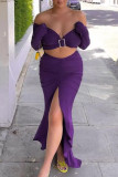 Purple Sexy Solid Bandage Patchwork Flounce V Neck Long Sleeve Two Pieces