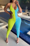 Red Blue Sexy Patchwork Hollowed Out Halter Skinny Jumpsuits